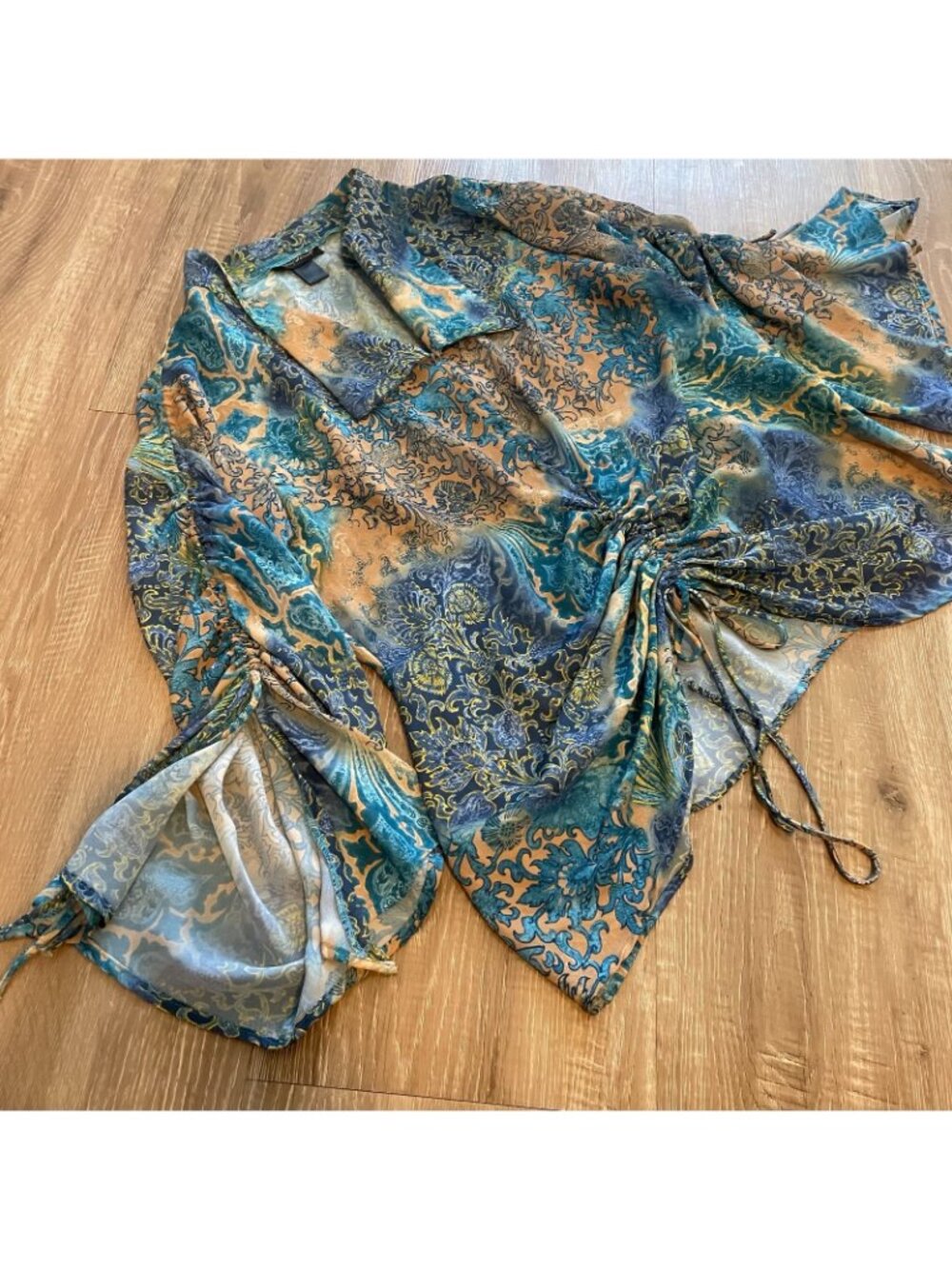 Ashley Stewart Women's Blouse Size 14 Blue Multicolor Paisley Pattern Drawstring - Picture 8 of 12